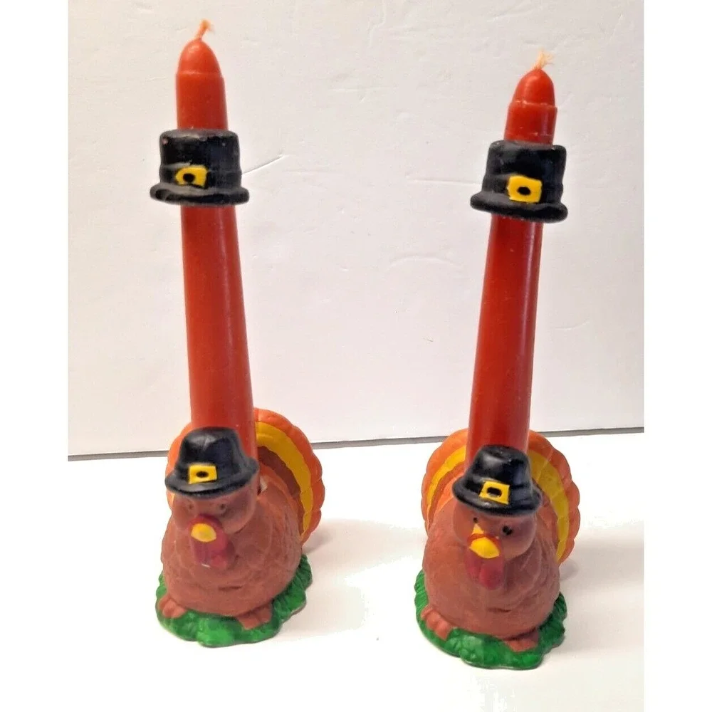 Vintage Thanksgiving Turkey Candle Set 5pc Pilgrim Pumpkin Decor Taper Pillar